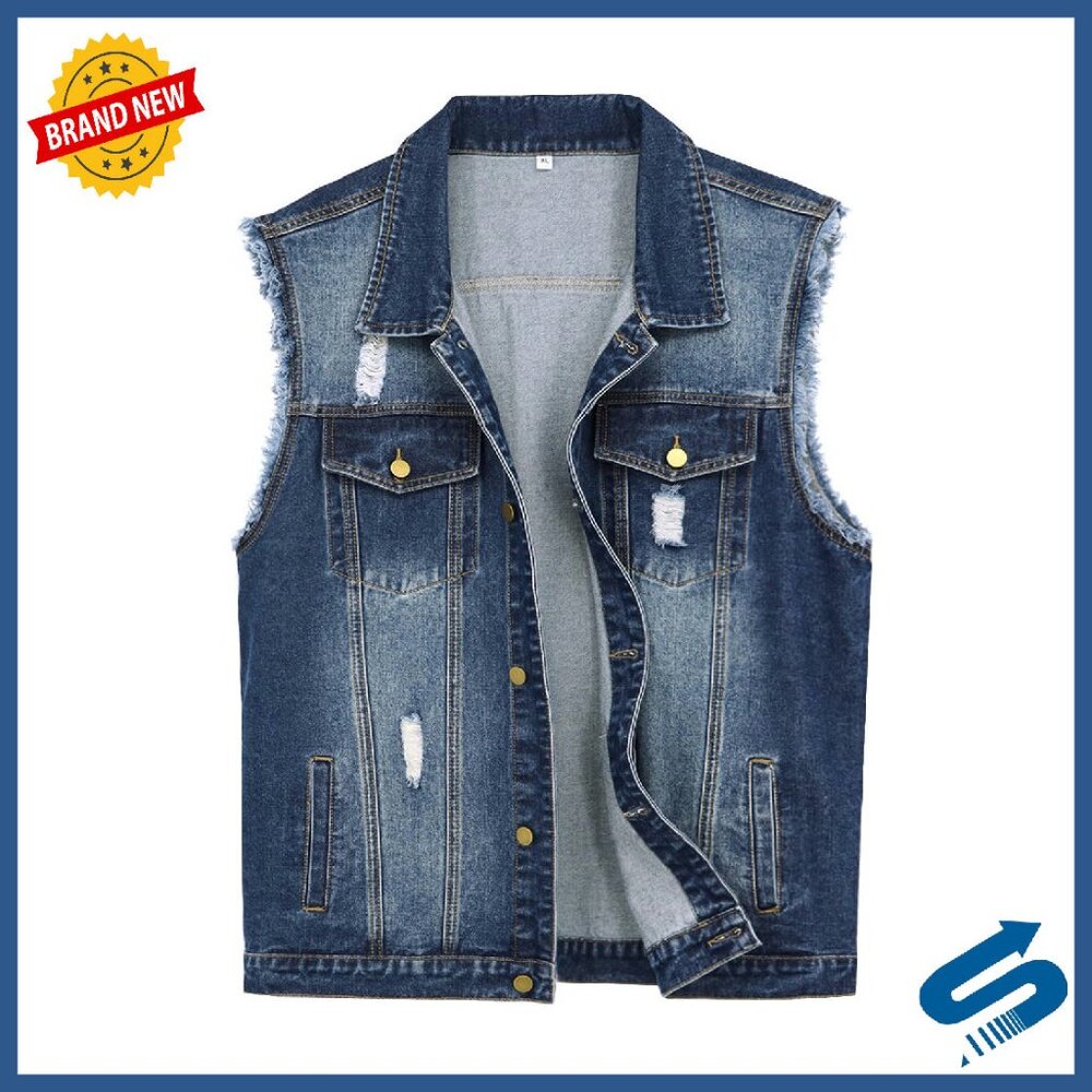 Men's Denim Vest Sleeveless Ripped Slim Fit Distressed Jean Jacket